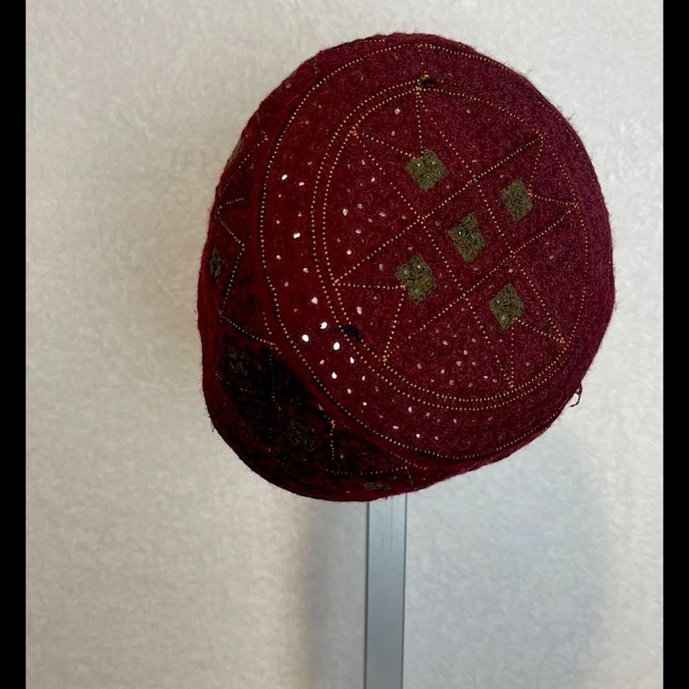 Vintage 60s handmade embroidered dark red men’s hat with mirror pieces